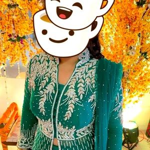 Seagreen zardozi hand work n moti wedding dress